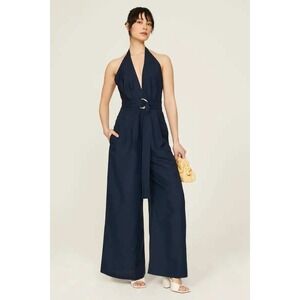 Adam Lippes Navy Halter Jumpsuit Wide Leg Belted Sleeveless Blue Linen Sz‎ 10